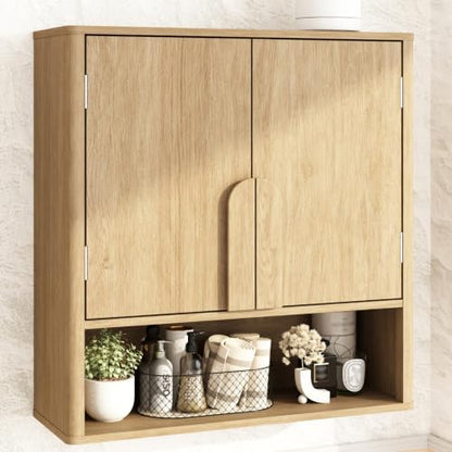 RUSTOWN Wall Mounted Bathroom Cabinets with Rounded Edges & Curved Handles | Adjustable Shelf, 3-Tier Over The Toilet Storage Cabinets, Modern Medicine Cabinet for Laundry Kitchen Living Room - color: Natural Oak