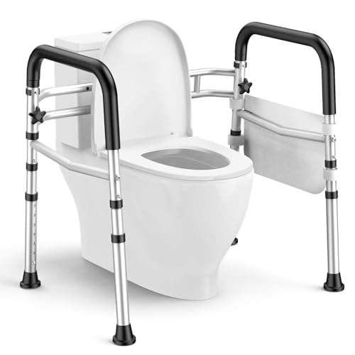 Toilet Safety Rails for Seniors, Adjustable Height & Width Toilet Safety Frame with Handles (350LB Capacity), Elderly Assistance Products for Handicapped, Foldable Toilet Bars Fits Any Toilet - color: Silvery