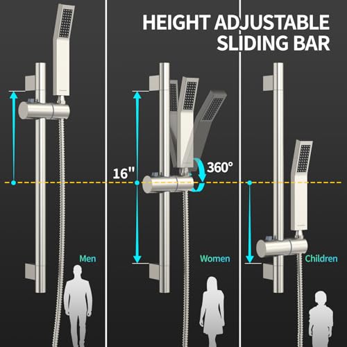 SR SUN RISE 12 Inch Square Shower System with Slide Bar,Brushed Nickel | Rain Head and Handle System,16" Adjustable Shower Slide Bar,Soild Brass,Wall Mount,Included Valve and Trim Kit - color: Brushed Nickel, size: 12 Inch
