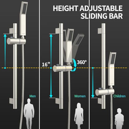 SR SUN RISE 12 Inch Square Shower System with Slide Bar,Brushed Nickel | Rain Head and Handle System,16" Adjustable Shower Slide Bar,Soild Brass,Wall Mount,Included Valve and Trim Kit - color: Brushed Nickel, size: 12 Inch