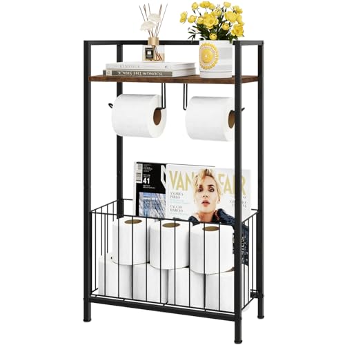 Freestanding Toilet Paper Holder with Storage, Rustic Brown | Toilet Paper Holder Stand with Wooden Shelf for Bathroom Storage, Dual Toilet Paper Roll Stand for Extra Rolls & Magazines