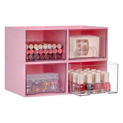 Vtopmart 4 Pack Small Clear Stackable Storage Drawers, Pink | Bathroom Makeup Accessories Organizer, Plastic Bins For Desk, Vanity, Undersink, Medicine Cabinet ,Home Organization - style: 4pack-Pink