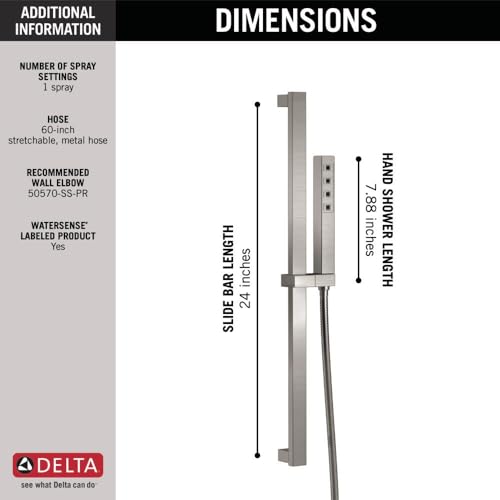 Delta Faucet Single-Spray H2Okinetic Slide Bar Hand Held Shower with Hose, Brushed Nickel Handheld Shower Head, Slide Bar Hand Shower, Handheld Shower, Detachable Shower Head, Stainless 51567-SS - color: Stainless