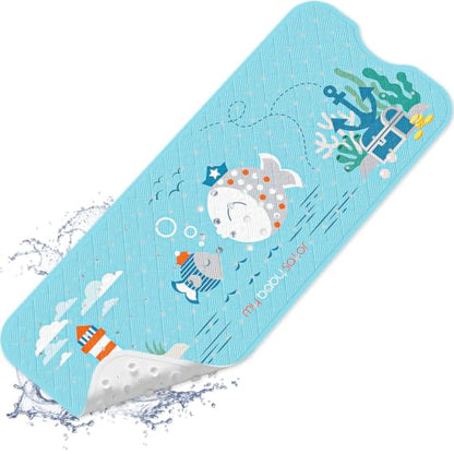 Baby Bath Mat for Tub Non Slip Kids, BPA Free Extra Long Bathtub Mat 40x16 with Drain Holes and 200 Suction Cups, Non Toxic Machine Washable Toddler Bath Mat, Eco-Friendly Certified - color: Ltblue 2fish Joy