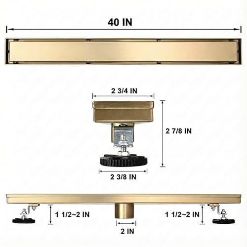 AVSIILE Linear Shower Floor Drain, Brushed Gold 40 Inch 304 Stainless Steel Bathroom Drains Kit, Rectangular Shower Trench Drain with Reversable Tile-in Pattern Drain Cover & Hair Catcher - color: Brushed Gold, size: 40 Inch