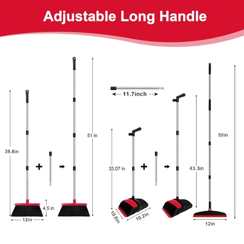 Broom and Dustpan Combo Set, 51" Long Handle with Silicone Squeegee | Wet & Dry Cleaning for Pet Areas, Built-in Comb Dustpan, Foldable Space-Saving Storage, Multi-Surface Floor Cleaning - color: Red