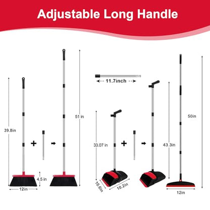 Broom and Dustpan Combo Set, 51" Long Handle with Silicone Squeegee | Wet & Dry Cleaning for Pet Areas, Built-in Comb Dustpan, Foldable Space-Saving Storage, Multi-Surface Floor Cleaning - color: Red