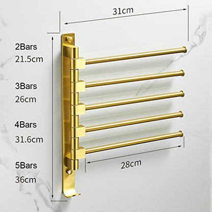 ZHOUXIAO Gold Swing Out Towel Bar Holder/Gold Finish Swivel Multiple Towel Rack for Bathroom or Kitchen, Metal Towel Bar Folding Arm Swivel Hanger Bathroom Storage Wall Mount 5Bars