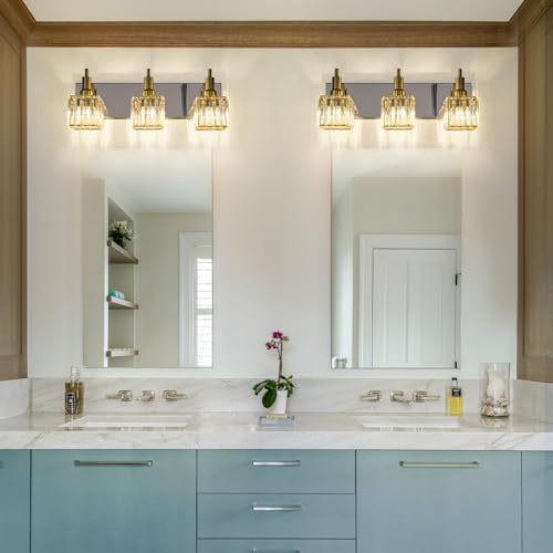 Crystal Bathroom Vanity Light Gold Chrome 3-Light Modern Bathroom Lighting Fixtures Over Mirror Square Wall Sconce - color: Gold Chrome-Square Shade, size: 3-Light
