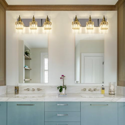 Crystal Bathroom Vanity Light Gold Chrome 3-Light Modern Bathroom Lighting Fixtures Over Mirror Square Wall Sconce - color: Gold Chrome-Square Shade, size: 3-Light