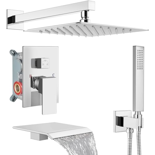 Midanya Shower System with Tub Spout,Bathtub Shower Faucet Set with Square Rainfall Head and Handheld Sprayer Wall Mount Tub Faucet Set with Valve and Trim Kit,10 Inch Polish Chrome - color: Polish Chrome, size: 10 Inch