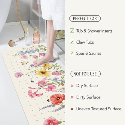 SHUCHING Bath Mat for Tub Non Slip-40x16 Inch, Wildflower | Bathtub Mat for Women Mold Free, Long Shower Mat for Inside Shower with Suction Cup, Machine Washable - color: Wildflower