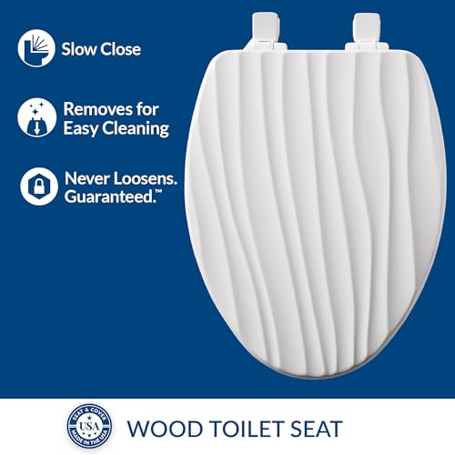 Mayfair Sculptured Rainfall Slow Close Toilet Seat, Easy Clean Hinges with Durable Wood Seat, Made in USA, Elongated, White - size: Elongated, style: Rainfall