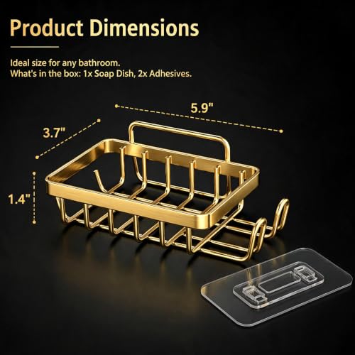 Snailhouse Soap Dish for Shower, Wall Adhesive Self Draining Hanging Stainless Steel Bathroom Bathtub Bar Soap Holder Tray Caddy with Hooks, Gold