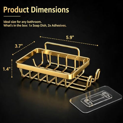 Snailhouse Soap Dish for Shower, Wall Adhesive Self Draining Hanging Stainless Steel Bathroom Bathtub Bar Soap Holder Tray Caddy with Hooks, Gold