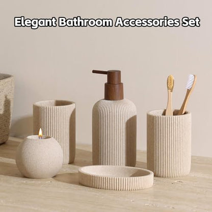 Bathroom Accessories Set, 5 PCS Modern Bath Organizer, Beige | Sandstone Look, Stripe,13.53 OZ Soap Dispenser,Toothbrush Holder,Tumbler,Soap Dish,Candle Holder for Countertop Kitchen Sink - color: Beige
