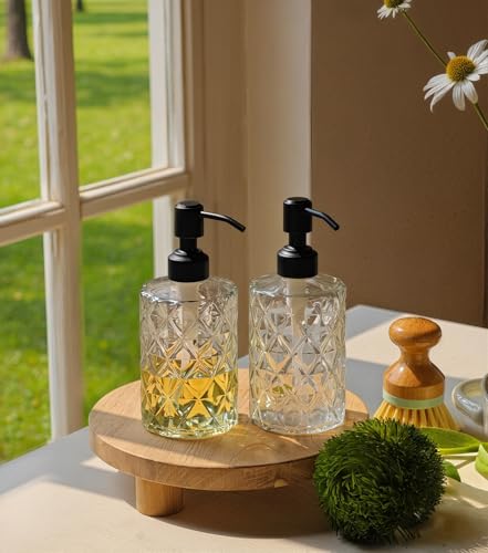 JASAI Diamond Design 12 Oz Glass Soap Dispenser with Black Pump | Small Hand soap Dispenser with Rust Proof Pump, Bathroom Soap Dispenser for Hand Soap, Liquid Soap, Dish Soap. - color: Clearglass-black Pump, style: Diamond