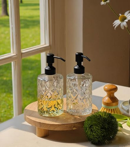 JASAI Diamond Design 12 Oz Glass Soap Dispenser with Black Pump | Small Hand soap Dispenser with Rust Proof Pump, Bathroom Soap Dispenser for Hand Soap, Liquid Soap, Dish Soap. - color: Clearglass-black Pump, style: Diamond