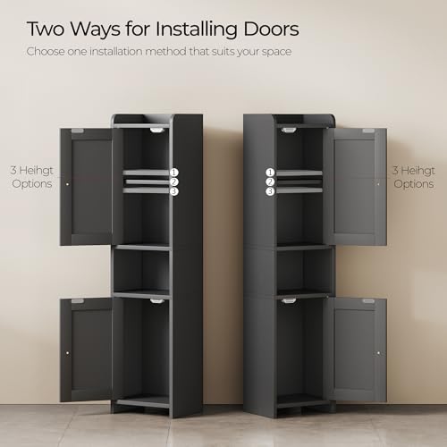 Bathroom Cabinet with 2 Doors, 7.3 x 9.8 x 40.4 Inches, Small Freestanding Storage Cabinet with Adjustable Shelf, Floor Cabinet for Small Spaces, Bathroom, Entrances, Kitchen, Black