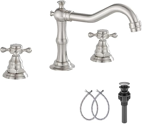 Two Handles Three Holes Faucet 8-16 inch Widespread Bathroom Sink Faucet Brushed Nickel Basin Tap Mixer Faucet Matching Metal Pop Up Drain - color: Brushed Nickel, style: Metal Cover
