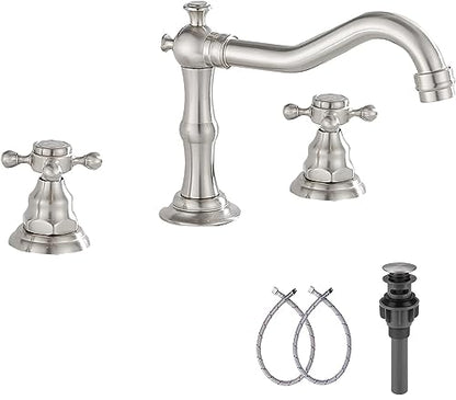 Two Handles Three Holes Faucet 8-16 inch Widespread Bathroom Sink Faucet Brushed Nickel Basin Tap Mixer Faucet Matching Metal Pop Up Drain - color: Brushed Nickel, style: Metal Cover