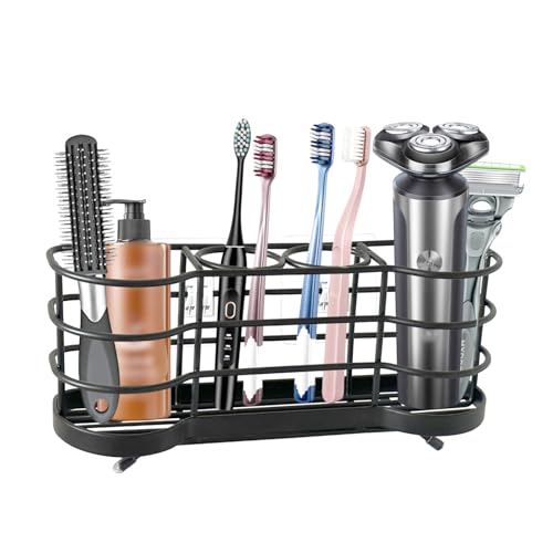 Wall Mount Toothbrush Holder, Black | Stainless Steel, Self-Adhesive, 4 Slots, For Shower, Countertop Compatible - color: Black Round