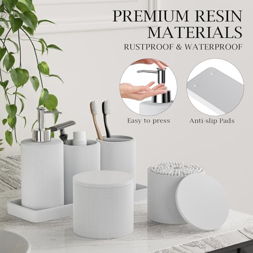 6-Piece White Bathroom Set - Mesh Textured Resin Bathroom Accessories Set with Soap Dispenser, Toothbrush Holder, Cup, Vanity Tray & Apothecary Jars for Small Spaces - color: White - Mesh Textured