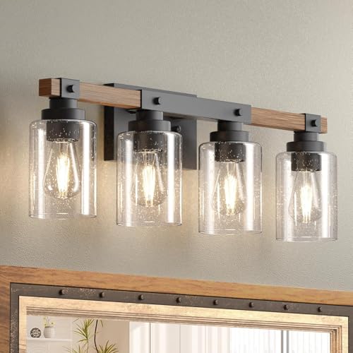 Amico 4-Light Farmhouse Bathroom Vanity Light, Seeded Glass, Black & Wood | Bubble Glass Shade Wall Sconce, Over Mirror Lighting for Bathroom, Bedroom, Living Room, Hallway, Powder Room, Entryway - size: 4-Light