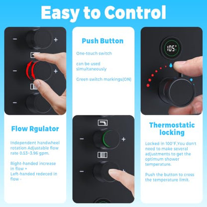 Thermostatic Digital Triple Heads Rain Shower System Can Run Together | Matte Black 4-Function Full Body Shower Faucets Set with 12" + Two 6" Tilted Showerhead and Brass Handheld - color: Matte Black, style: 12” + 6" + 6"
