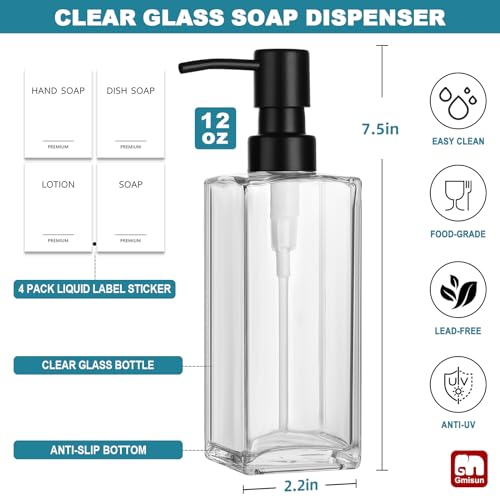 GMISUN Glass Soap Dispenser with Stainless Steel Pump, Clear Hand Soap Dispenser for Bathroom, 12 fl oz/350ml Hand and Dish Soap Dispensers Set for Kitchen, Refillable Liquid Soap and Lotion Bottle - color: Clear Bottle + Black Pump