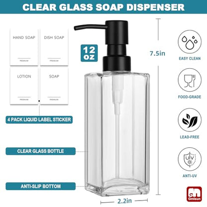 GMISUN Glass Soap Dispenser with Stainless Steel Pump, Clear Hand Soap Dispenser for Bathroom, 12 fl oz/350ml Hand and Dish Soap Dispensers Set for Kitchen, Refillable Liquid Soap and Lotion Bottle - color: Clear Bottle + Black Pump