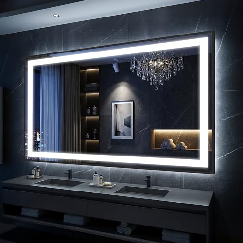 Antok 55X40 LED Bathroom Mirror with Lights, Vanity Mirror for Wall with Black Frame, Touch Control, Anti-Fog, Dimmable Lights, Shatter-Proof, Memory Function, Wall-Mounted Vanity Mirrors - size: 55"L x 40"W