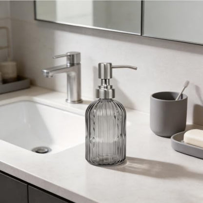 14Oz Gray Glass Soap Dispenser Bathroom, Stainless Steel Pump, Stripe | Clear Glass Liquid Hand Soap Dispensers, Refillable Dish Soap Dispenser for Kitchen, Countertop Soap Dispensers - color: Gray