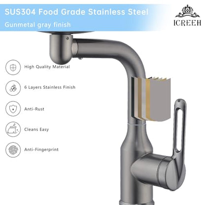 Bathroom Sink Faucet 1 Hole, Gunmetal Grey Multifunctional Basin Faucet with 4 Water Outlet Modes, Modern 360°Rotatable Bar Tap with Two Water Supply Pipes - color: Gray