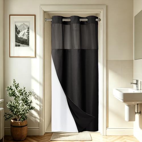 EUTXL Heavyweight No Hook Shower Curtain with Liner, Black, 36x74 | Snap in Liner, Thick Waffle Fabric, Hotel Quality, Corner Magnets, Waterproof & Washable - color: Black, size: 36"W x 74"L (Pack of 1)