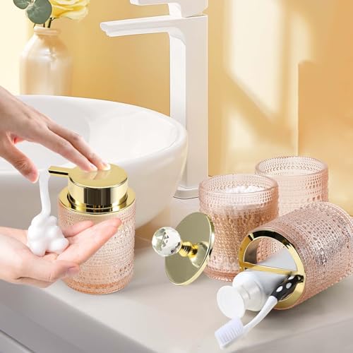 DASITON Bathroom Accessories Set,4Pcs Glass Bathroom Counter Set with Foaming Soap Dispenser,Toothbrush Holder,Bathroom Tumbler,Cotton Swab Jars, for Vanity Bathroom Decor(Pink A) - style: Pink A