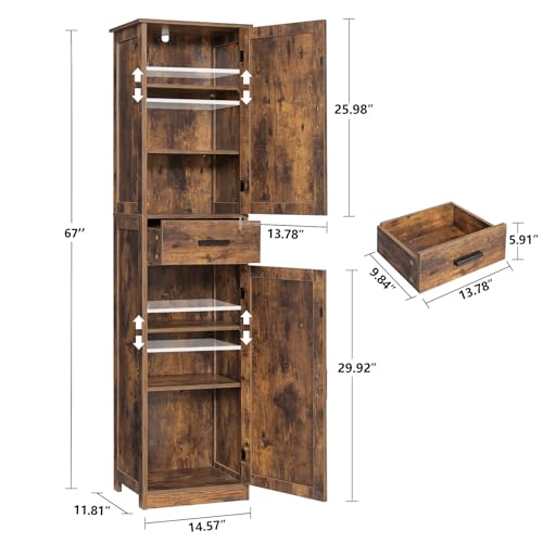 usikey 67'' Tall Storage Cabinet with Adjustable Shelves & 2 Doors, Bathroom Cabinet with 1 Drawer, Narrow Tall Cabinets for Living Room, Home Office, Rustic Brown - color: Rustic Brown