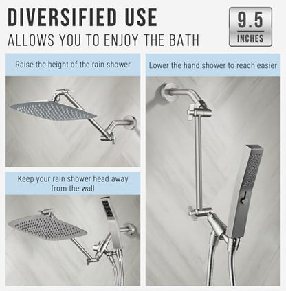 G-Promise All Metal Shower Head Extension Arm (Brushed Nickel, 9.5 INCH) | Rise or Lower Shower Head, Height & Angle Adjustable Extender, Anti-Leak, Firmly Secure Shower Head, Easy to Install - color: Brushed Nickel