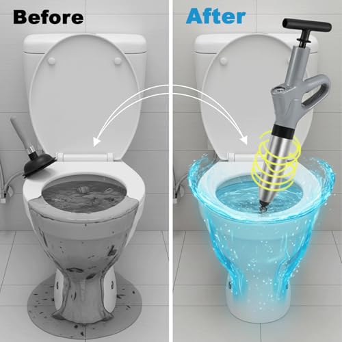 Toilet Plunger, High Pressure Toilet Plunger with Gloves,2 Hair Snake,2 Hair Filters, Toilet Auger Air Drain Blaster with Real-Time, Heavy Duty Plunger for Bathroom and Kitchen Plumbing Clogs