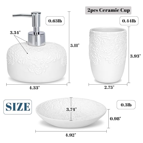Ceramic White Bathroom Accessory Sets Embossed Design Look, Includes Bathroom Soap Dispenser with Rust-Proof Plastic Pump 13.5oz & 2Pcs Ceramic Cup,1Pcs Soap Dish - color: White-sliver
