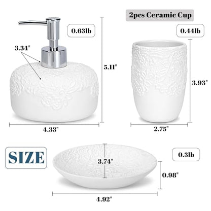Ceramic White Bathroom Accessory Sets Embossed Design Look, Includes Bathroom Soap Dispenser with Rust-Proof Plastic Pump 13.5oz & 2Pcs Ceramic Cup,1Pcs Soap Dish - color: White-sliver