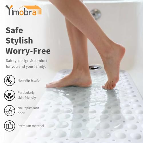 Yimobra White Non Slip Bath Mat for Tub 40" x 16", Extra Long Bath Tub Mat | Soft Underfoot Comfort, Strong Suction Cups, Machine Washable Bathtub Mat, Drain Holes, Large Shower Mats for Inside Shower - color: White