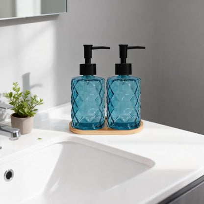 12oz Blue Glass Hand and Dish Soap Dispenser Set, Diamond Design, Set of 2 | Bathroom Soap Dispenser with Plastic Pumps, Bamboo Tray for Hand Wash & Dish Wash, for Bathroom Kitchen Countertop - color: Blue