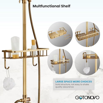 gotonovo Exposed Shower System with Shelf 2 Cross Handle Antique Brass | Bathroom Brass Shower Faucet Set,8’’ Rainfall Head with Handheld Sprayer,SUS304 Shelf,6’’ Hole Distance,Adjustable Height - color: Antique Gold