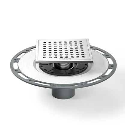Square Shower Drain w/PVC Bonding Flange Base, 6" Brushed | 304 Stainless Steel Drain w/ Drain Key for Low Profile Shower Tiles, CUPC Certified - color: Brushed6"