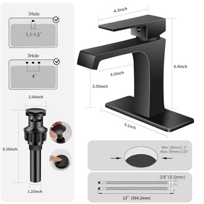 Waterfall Bathroom Faucet Black Bathroom Sink Faucet, Modern Single Hole Bathroom Faucet, Single Handle RV Sink Vanity Faucet—Includes Pop-Up Drain, Suitable for 1-Hole or 3-Hole - color: Black
