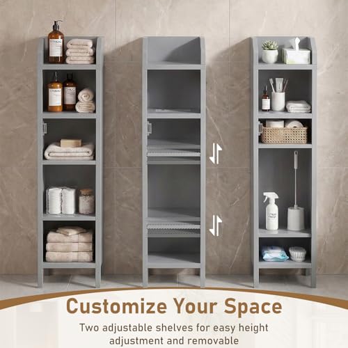 Karl home Grey Corner Storage Cabinet, Slim Freestanding Bathroom Organizer | Slim Single Door Freestanding Cabinet with Adjustable Shelves, Space Saving Toilet Storage for Small Bathroom Spaces