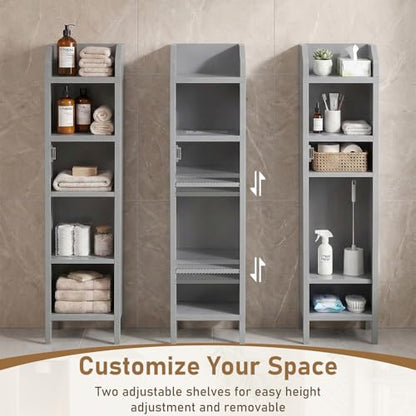 Karl home Grey Corner Storage Cabinet, Slim Freestanding Bathroom Organizer | Slim Single Door Freestanding Cabinet with Adjustable Shelves, Space Saving Toilet Storage for Small Bathroom Spaces