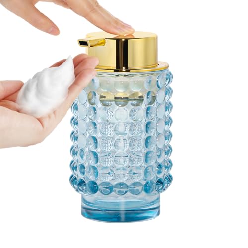 Glass Foaming Soap Dispenser, Blue Foam Hand Soap Dispenser, Bathroom 12 Oz Large Bottle with Gold Pump, Refillable Lotion Pump Container for Bathroom, Kitchen,Hand Soap, Dish Soap, Shampoo - color: Blue