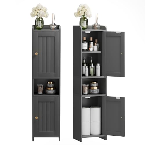 Bathroom Cabinet with 2 Doors, 7.3 x 9.8 x 40.4 Inches, Small Freestanding Storage Cabinet with Adjustable Shelf, Floor Cabinet for Small Spaces, Bathroom, Entrances, Kitchen, Black